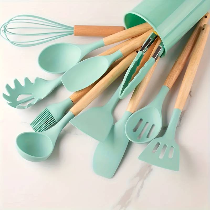 12-Piece Silicone Cooking Utensil Set with Wood Handles Heat Resistant Kitchen Tools for Nonstick Cookware Home Chef Spatula Spoon Whisk