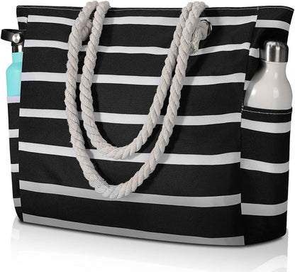 Zippered Canvas Beach Bag for Women – Waterproof Tote with Pockets for Pool, Travel & Everyday Errands – Sand-Resistant Shoulder Carryall