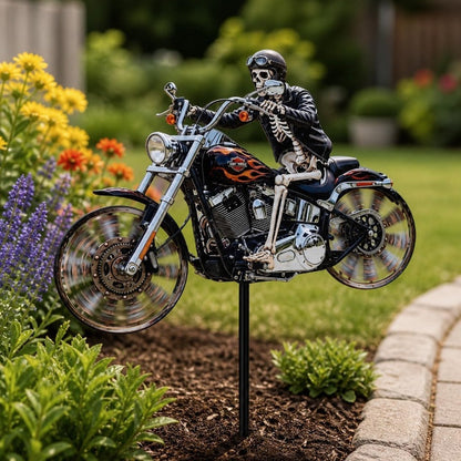 Skeleton Biker Wind Spinner Garden Stake Metal Chopper Motorcycle Lawn Ornament Outdoor Yard Art Halloween Decoration Spinning Wheels for