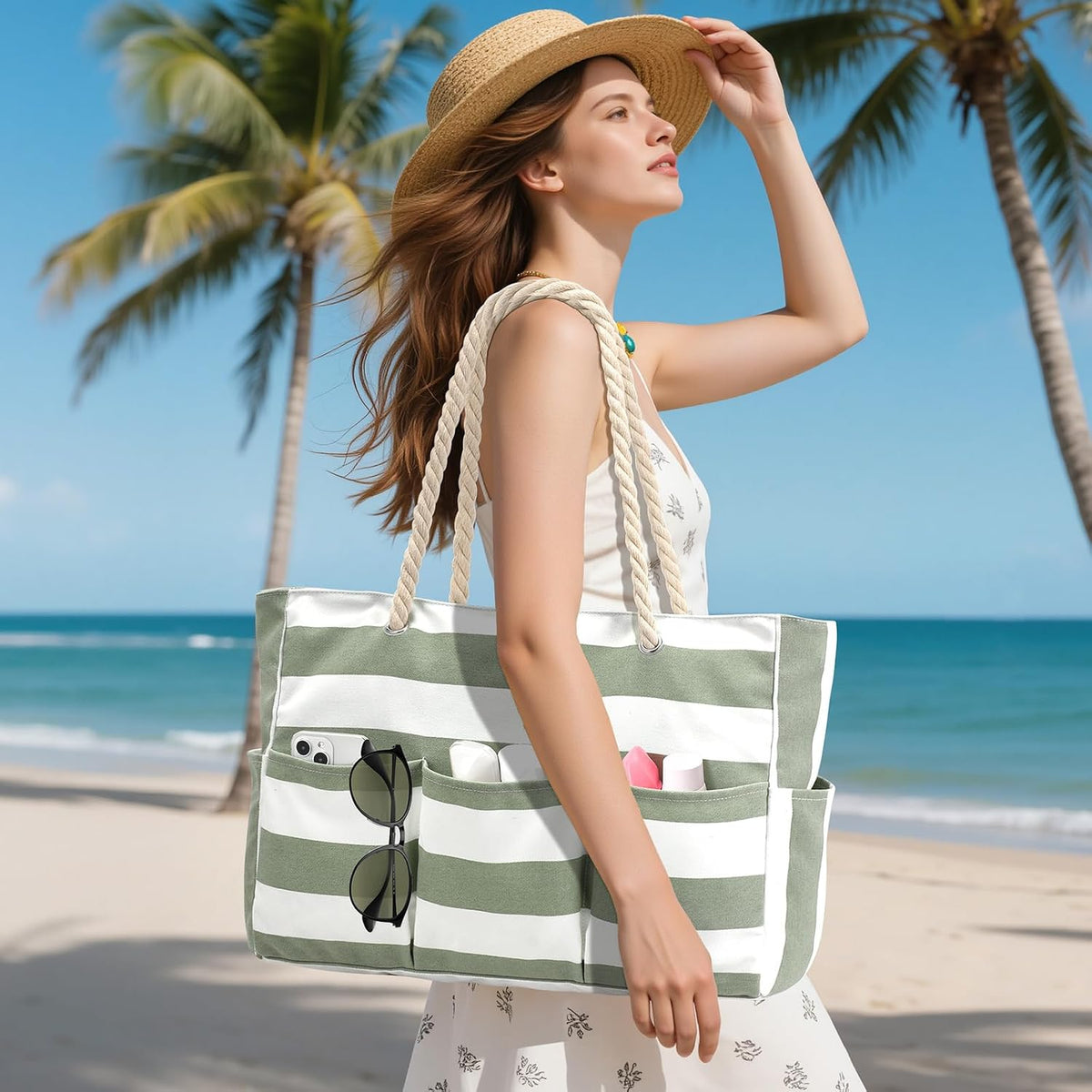 Sac fourre-tout en toile pour la plage, grand sac étanche avec fermeture éclair et 7 poches, sac de plage pour la piscine et les voyages