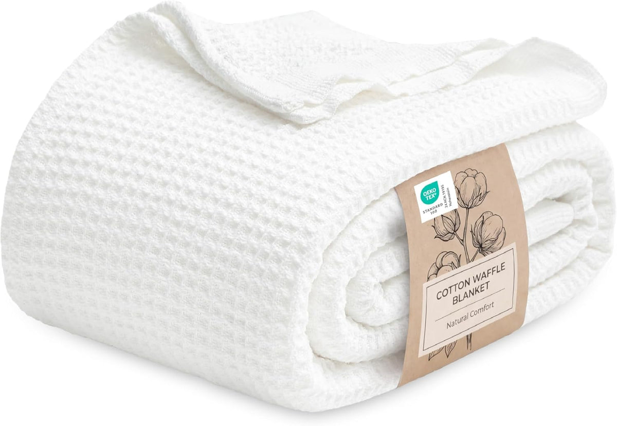 100% Cotton Waffle Weave Throw Blanket Queen King Breathable Lightweight Bed Cover for All Seasons Couch Sofa Bedroom Layering Textured