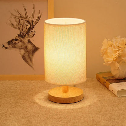 Natural Wood & Linen Table Lamp with Remote Control – Dimmable LED Touch Lamp for Bedroom, Nightstand, Desk – Minimalist Scandinavian