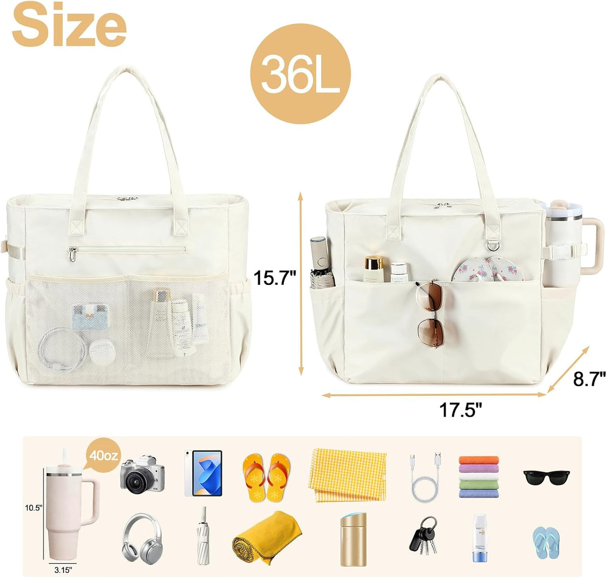 Évasion côtière | Très grand sac de plage imperméable avec compartiment humide | Bagage à main élégant pour les escapades du week-end