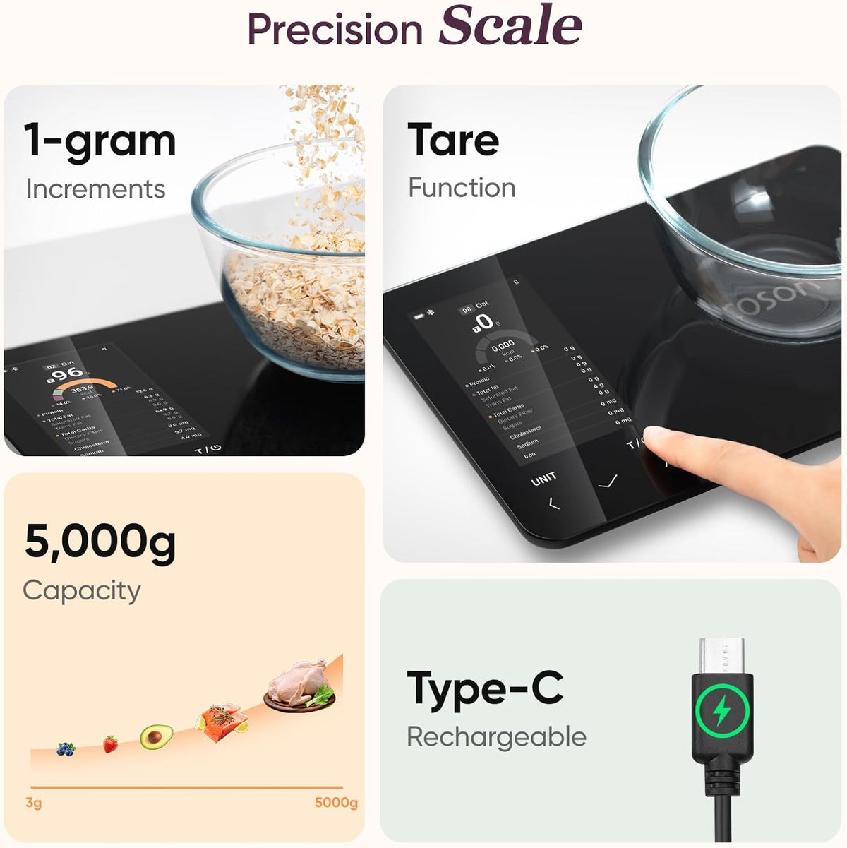 Balance de cuisine intelligente | Balance alimentaire numérique avec calculateur nutritionnel | Mesure de poids précise pour une préparation de repas saine