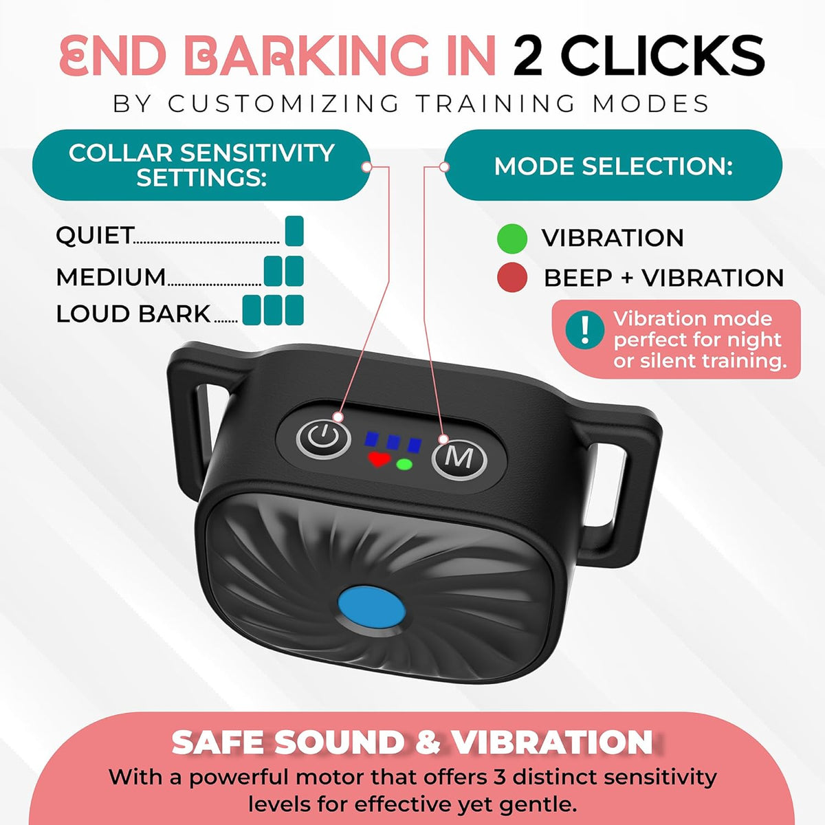 Humane Bark Control Collar for Small Dogs | 4 Vibration Levels & Sound Mode | IP87 Waterproof | Adjustable 6-20 in Neck | Safe Puppy