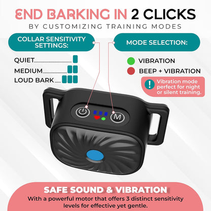 Collier anti-aboiement à vibration pour petits chiens et chiots – Sangle réglable de 15 à 50 cm, 4 niveaux, étanche IP87, autonomie de 30 jours