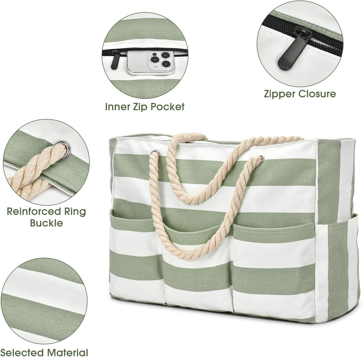 Sac fourre-tout en toile pour la plage, grand sac étanche avec fermeture éclair et 7 poches, sac de plage pour la piscine et les voyages
