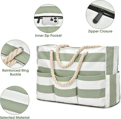 Sac fourre-tout en toile pour la plage, grand sac étanche avec fermeture éclair et 7 poches, sac de plage pour la piscine et les voyages