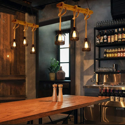Suspension luminaire cage en métal avec détails en corde – Lustre industriel réglable pour îlot de cuisine, salle à manger et bar – Douille E27