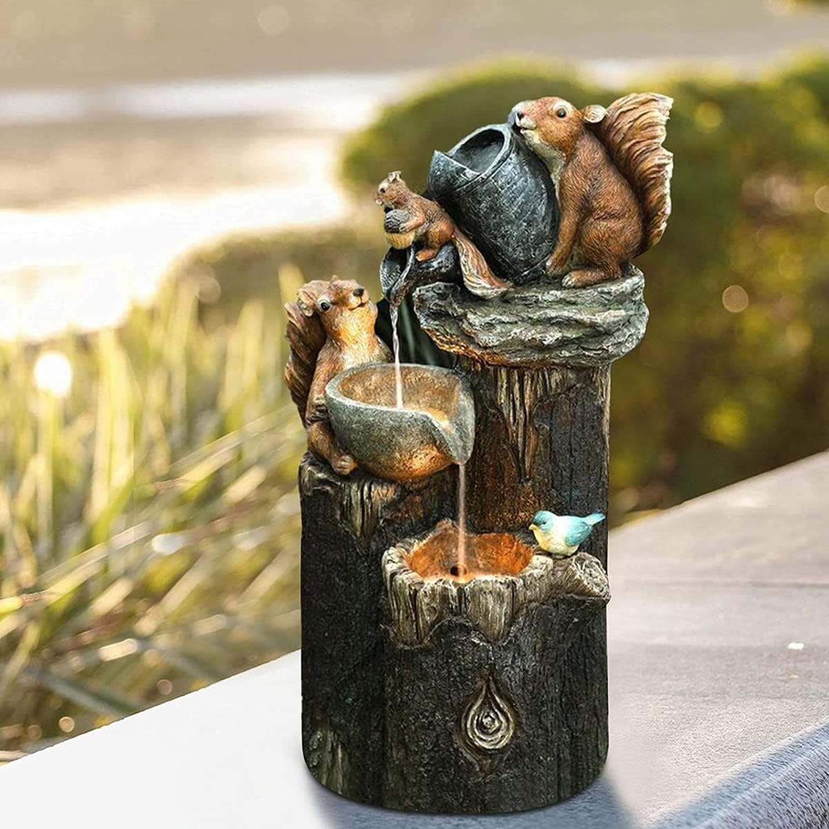 Tabletop Water Fountain with Animal Figurine & Solar LED Light for Patio Garden Balcony Outdoor Decor