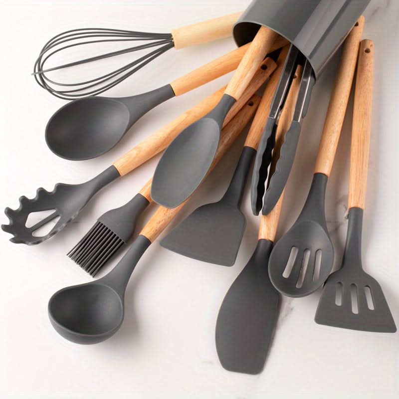 12-Piece Silicone Kitchen Utensil Set with Wooden Handles – Heat Resistant to 446°F, Dishwasher Safe, BPA-Free Cooking Tools