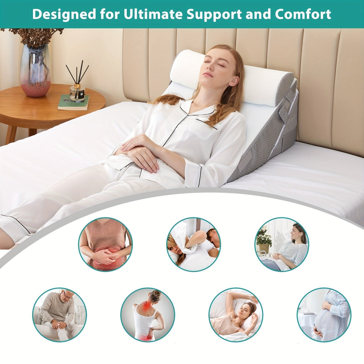 7-in-1 Adjustable Memory Foam Wedge Pillow System for Back Pain, Acid Reflux & Post-Surgery Support