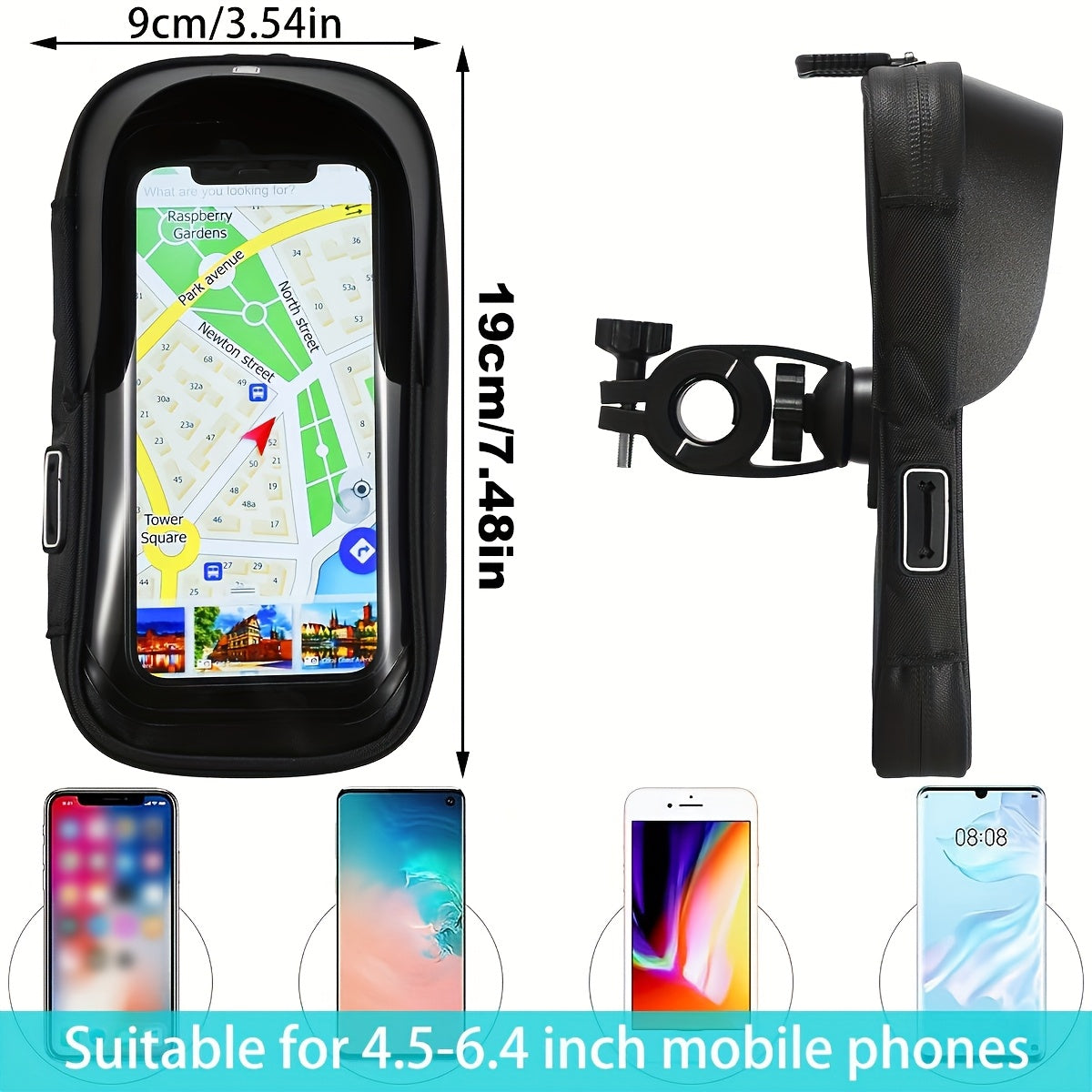 Handlebar Smartphone Mount Waterproof Case 7.5×3.5 in 360° Swivel for Bike Motorcycle E-Bike GPS Navigation Screen Protection Touchscreen