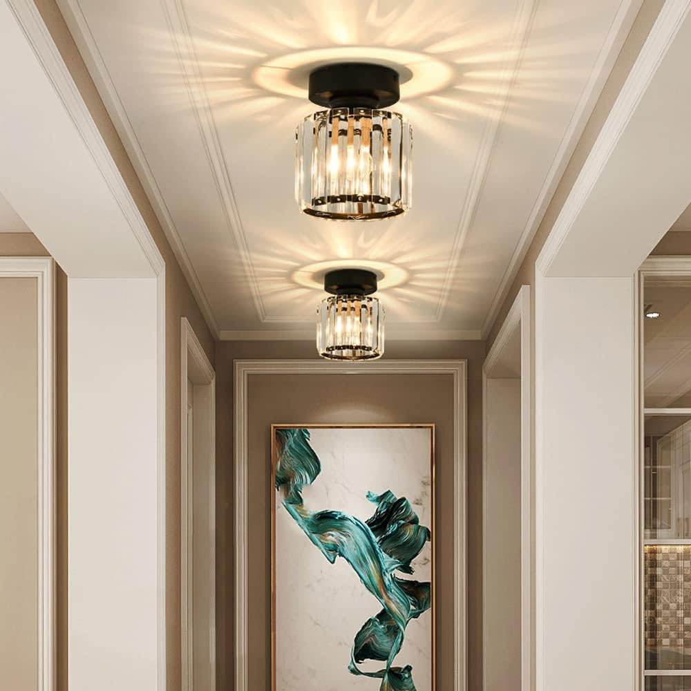Decorative Flush Mount Light Fixture with Glass Cube and Metal Accents E27 Socket for Entryway Bedroom Small Room Ambient Overhead Lighting