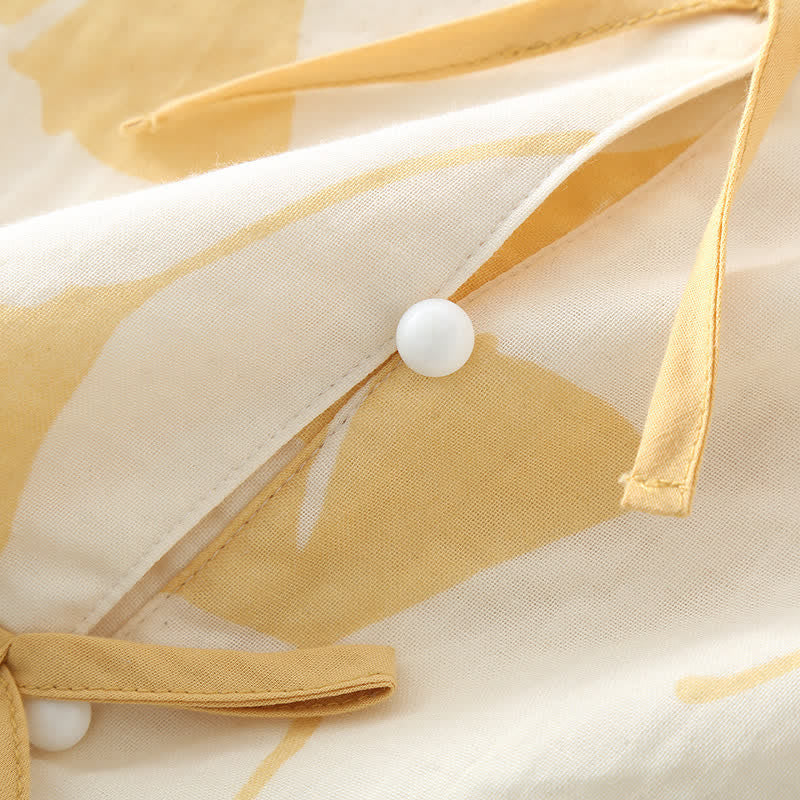 Women's Cotton Pajama Set with Ginkgo Leaf Print and Bow Tie Detail for Lounging at Home