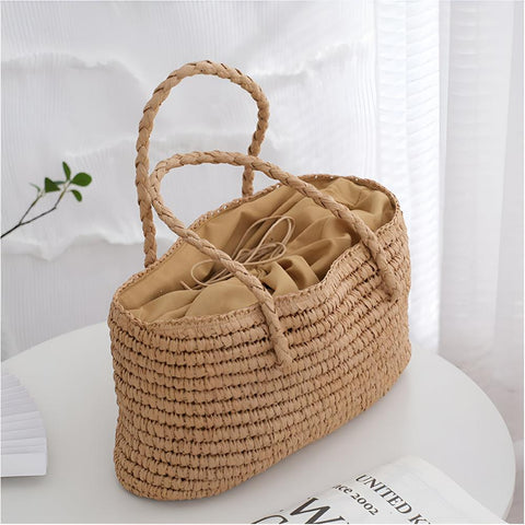 Sac cabas Willow - Tressé main en paille, sac de plage spacieux