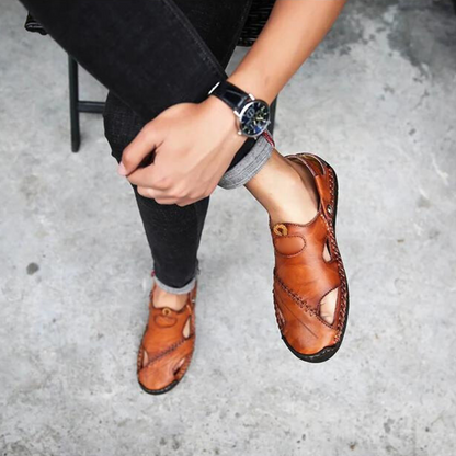 Men's Leather Slide Sandals – Closed Toe Slip-On with Orthopedic Support & Non-Slip Sole for Summer, Casual Wear, Travel & Vacation