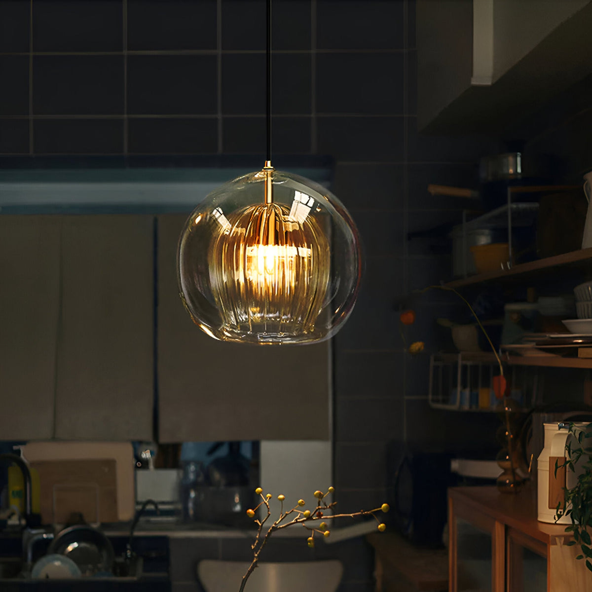 Spherical Glass Hanging Light with Adjustable Height for Kitchen Island, Dining Table, Bedroom | E27 Socket | Modern Orb Fixture for Home an