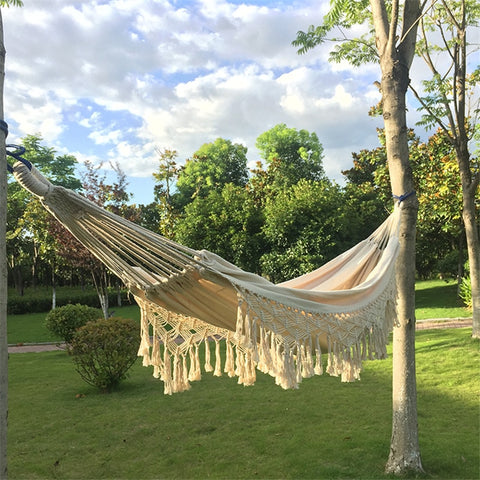 Cotton Rope Swing for Two – 79×59 Inch Indoor-Outdoor Lounger with Macramé Fringe – Porch, Patio, Balcony & Garden Relaxation Hammock