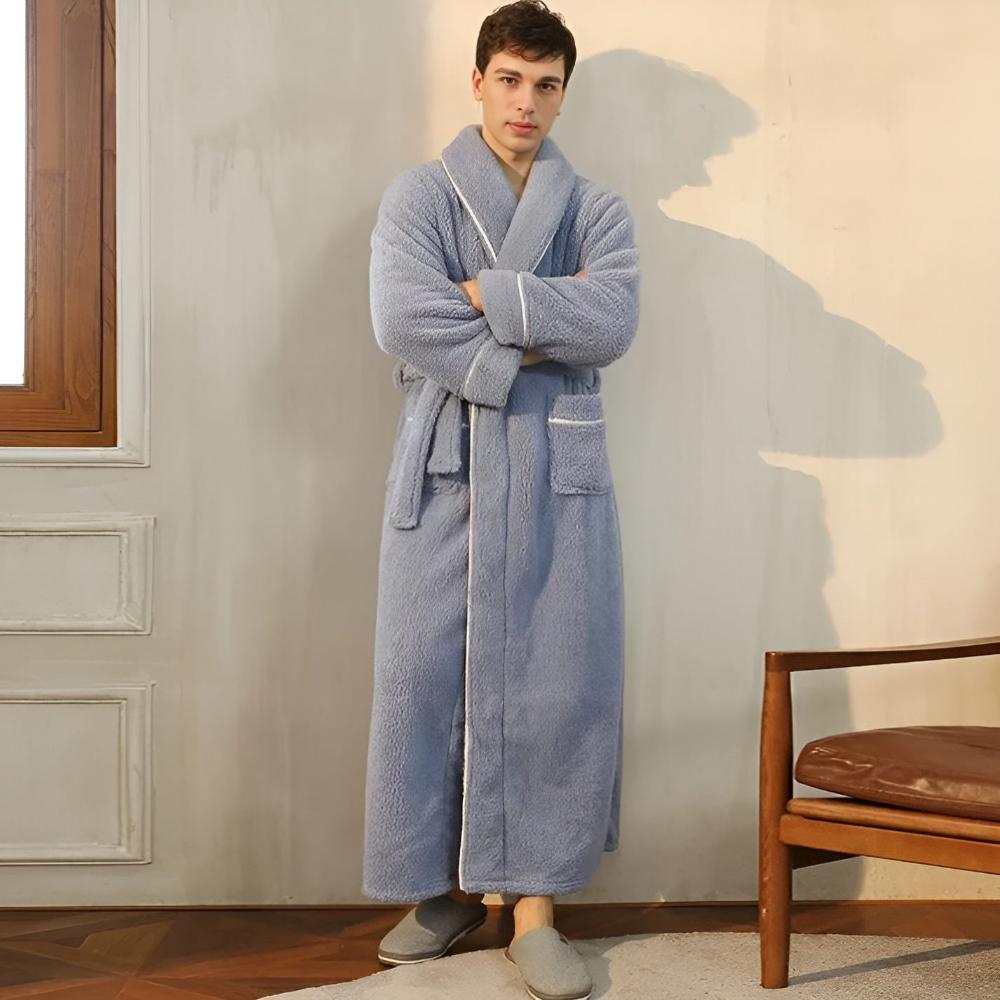 Plush Coral Fleece Bathrobe with Shawl Collar & Pockets – Unisex Lounge Robe for Year-Round Wear