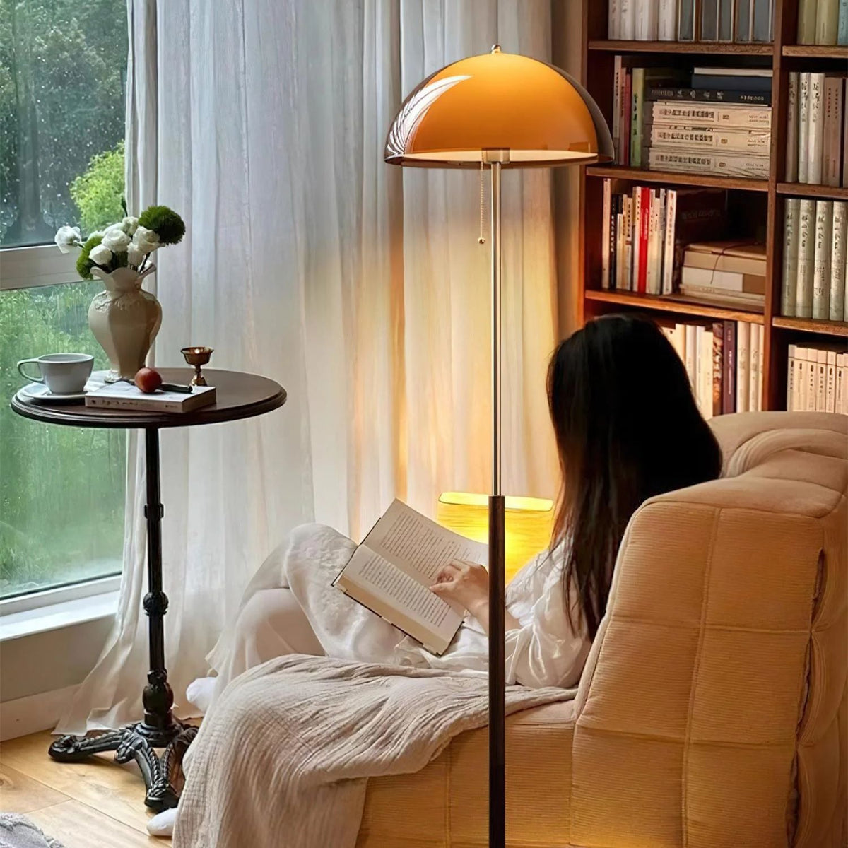 Tall Arched Standing Lamp with Translucent Dome Shade 63 Inches for Living Space Reading Corner Retro Mid-Century Accent Lighting Walnut Woo