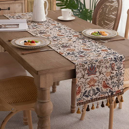 Woven Jacquard Table Runner with Tassels - Floral Bird Pattern for Dining & Coffee Tables - Vintage Countryside Design - Tassel Trim