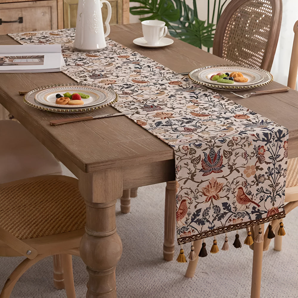 Woven Jacquard Table Runner with Tassels - Floral Bird Pattern for Dining & Coffee Tables - Vintage Countryside Design - Tassel Trim