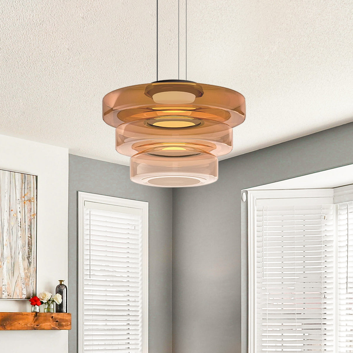 Tiered Glass Hanging Fixture 12 in Amber for Dining Tables Kitchen Islands Contemporary Statement Overhead Illumination