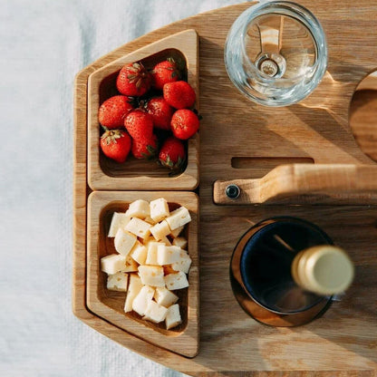 Portable Wine & Snack Tray with Carry Handle for Outdoor Picnics, Beach Days, Park Outings & Patio Gatherings | Solid Wood Serving Caddy