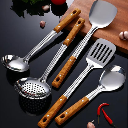5-Piece Cooking Utensil Set with Wood Handles - Stainless Steel Serving Spoons Spatula Ladle for Nonstick Pans