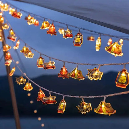 Camping-Themed LED Fairy Lights – Battery-Powered Indoor Outdoor String Lights with Tent, Campfire & Lantern Icons for Patio, Backyard &