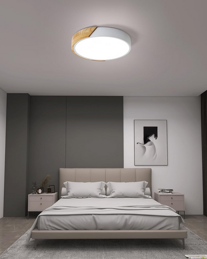 Round Flush Mount Ceiling Light with Wood Accent and Integrated LED – Modern Low Profile Fixture in 9, 12, 16, 20, and 24 inch Sizes for Liv