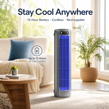 Rechargeable Cordless Personal Cooling Fan Tower with 12-Hour Battery Life – Bladeless Quiet Airflow, Desktop & Wall Mount, Lightweight for