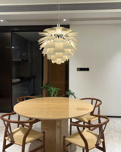 Sculptural Metal Shade Hanging Fixture 20 in Adjustable Height Overhead Lighting for Dining Room Kitchen Island Entryway Warm Glow Installat