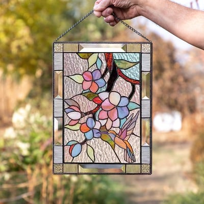 Stained Glass Window Cling Sun Catcher Panel for Indoor Outdoor Wall Decor, Acrylic Light Prism Art with Hummingbird Cardinal Butterfly