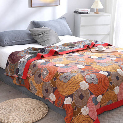 Reversible Cotton Gauze Quilt with Persimmon Pattern - Lightweight Summer Blanket for Bed, Sofa & Travel - Queen, King & Full Sizes