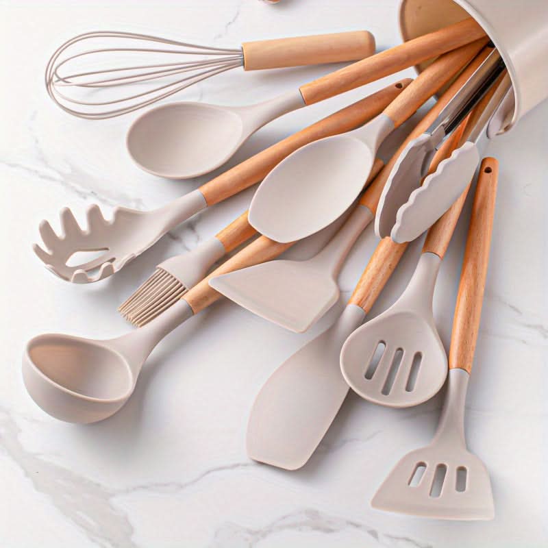 12-Piece Silicone Kitchen Utensil Set with Wooden Handles – Heat Resistant to 446°F, Dishwasher Safe, BPA-Free Cooking Tools