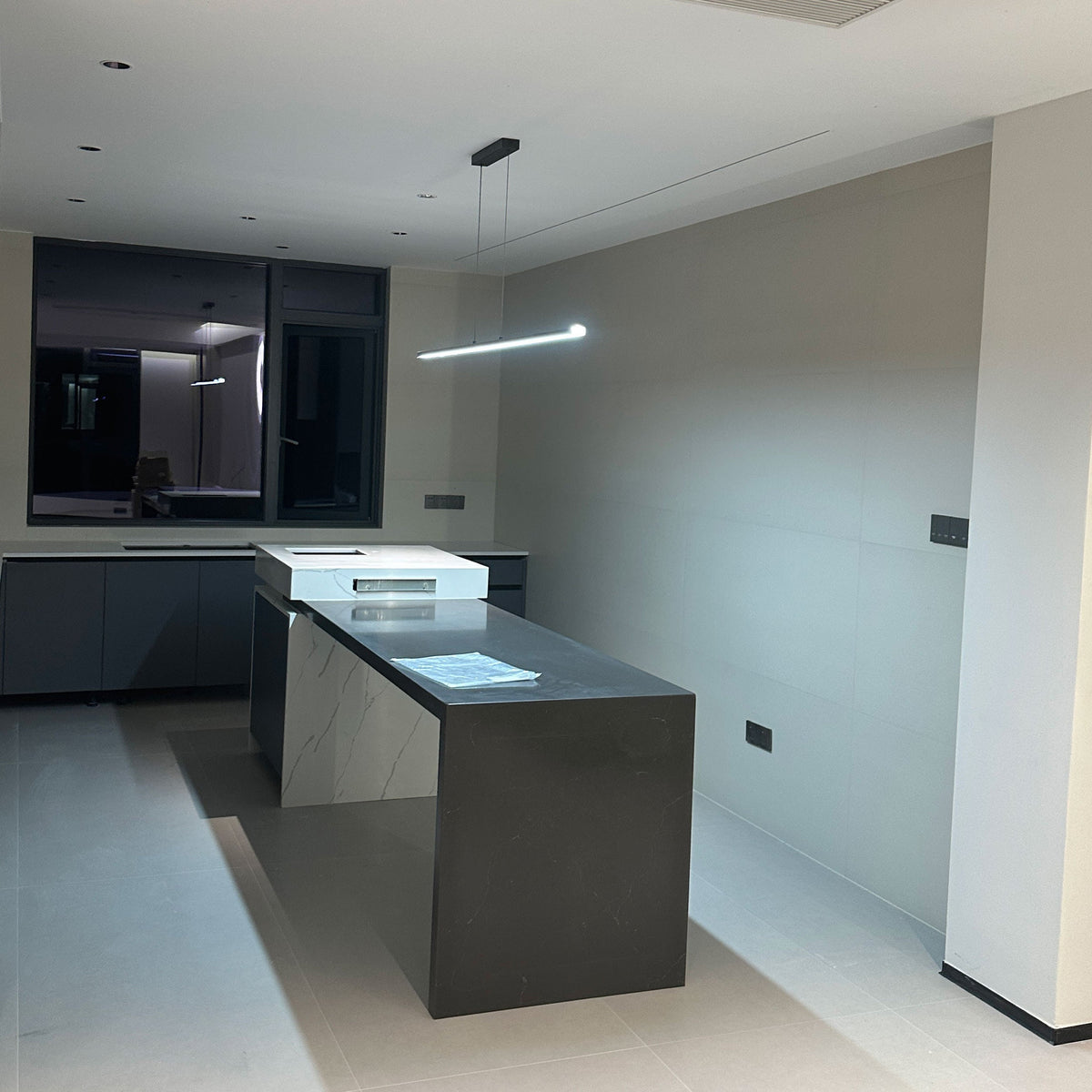 Suspended LED Strip Fixture for Countertop Islands – Dimmable Metal Bar Light with Remote in Matte or Gloss White – 39 to 102 in Adjustable
