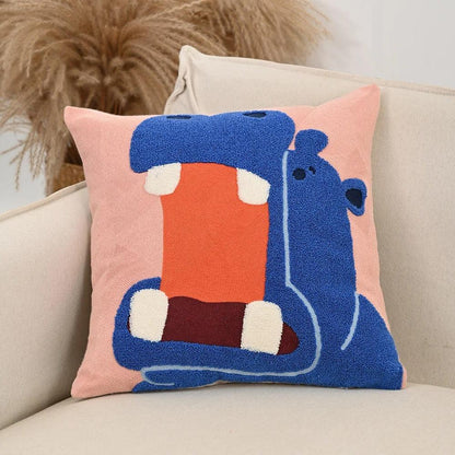 Embroidered Throw Pillow Cover 18x18 Inch Square Animal Motif Scandinavian Style Cotton Poly Blend Slipcase Sofa Bedroom Decor Couch Accent