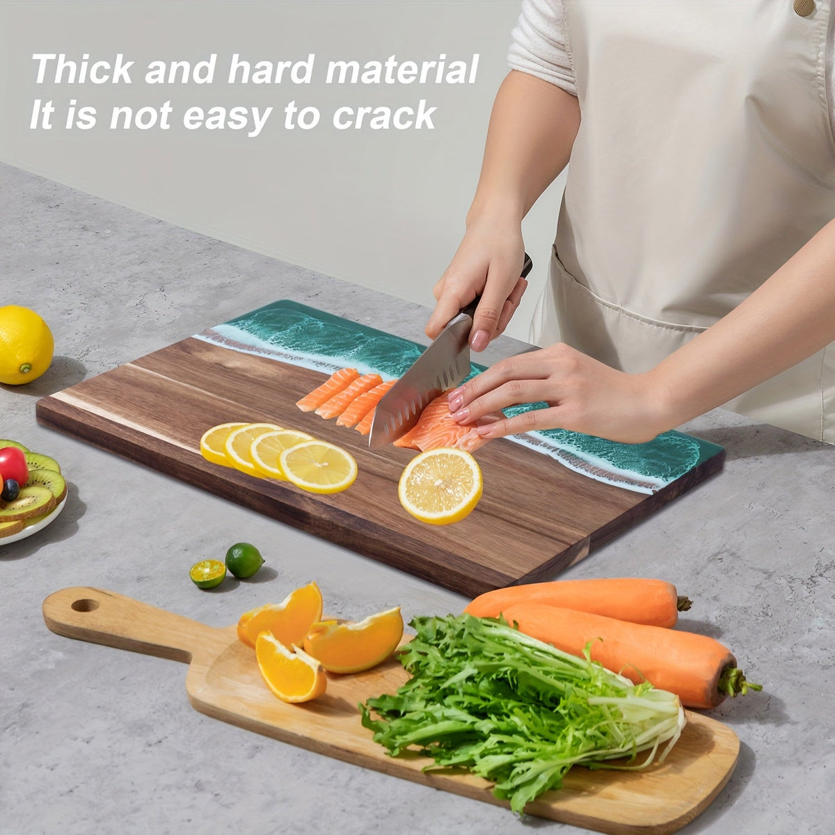 Acacia Wood Serving Board with Resin Wave Inlay 18x9 Inch Coastal Charcuterie Tray for Cheese Fruit Bread Kitchen Decor