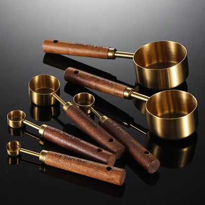 8-Piece Stainless Steel Measuring Cups and Spoons Set with Solid Oak Handles – Durable Kitchen Tools for Precision Cooking