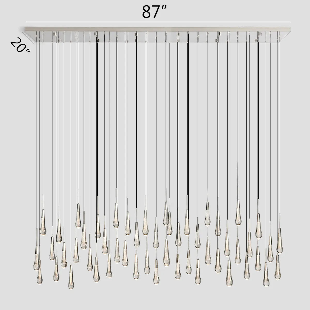 Cascading Raindrop Linear LED Chandelier – Textured Glass Orbs, Adjustable Height, Vaulted Ceiling Ready – 37 to 120 Inch Options for