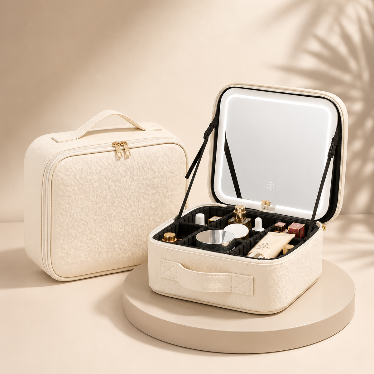 Trousse de maquillage de voyage élégante avec miroir LED et rangement ajustable | L'organisateur idéal pour la beauté en déplacement