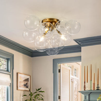 Clear Glass Globe Semi-Flush Ceiling Light, 3-Bulb Brushed Metal Cluster Fixture for Dining Room, Bedroom, Entryway, Bathroom
