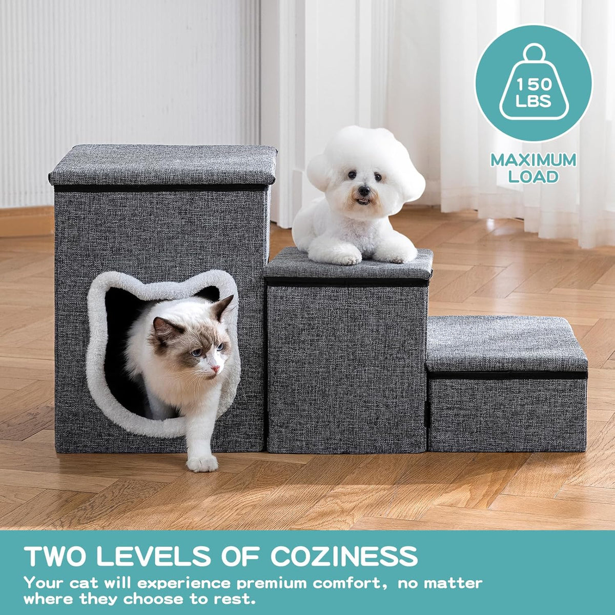 Pet Haven | Escaliers antidérapants pour chiens en 3 étapes avec rangement | Accès facile pour petits chiens et chats