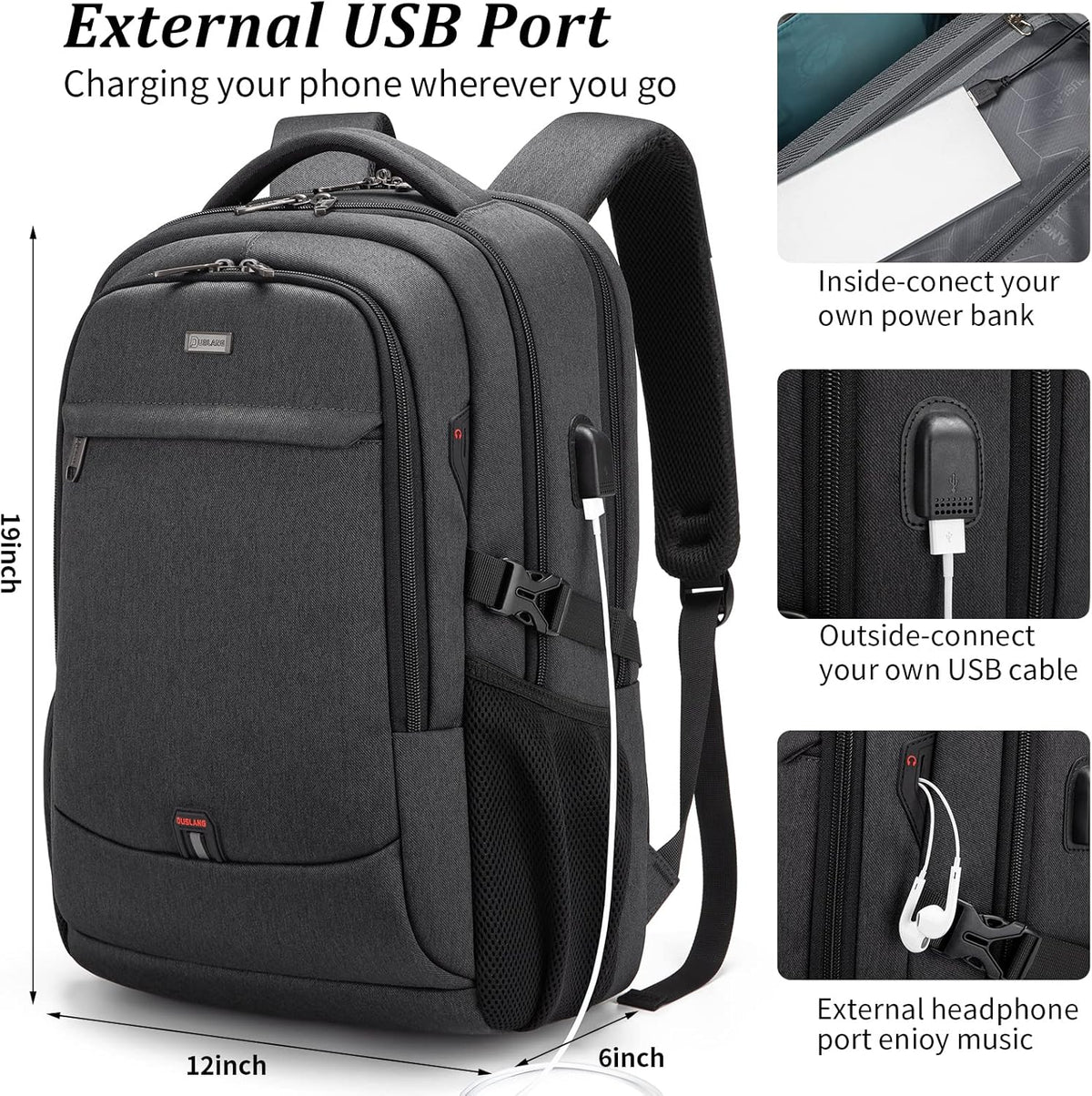 Travel Backpack with USB Charging Port for Laptops up to 17 Inches | Water-Resistant Daypack with Anti-Theft Pocket for Business Work School