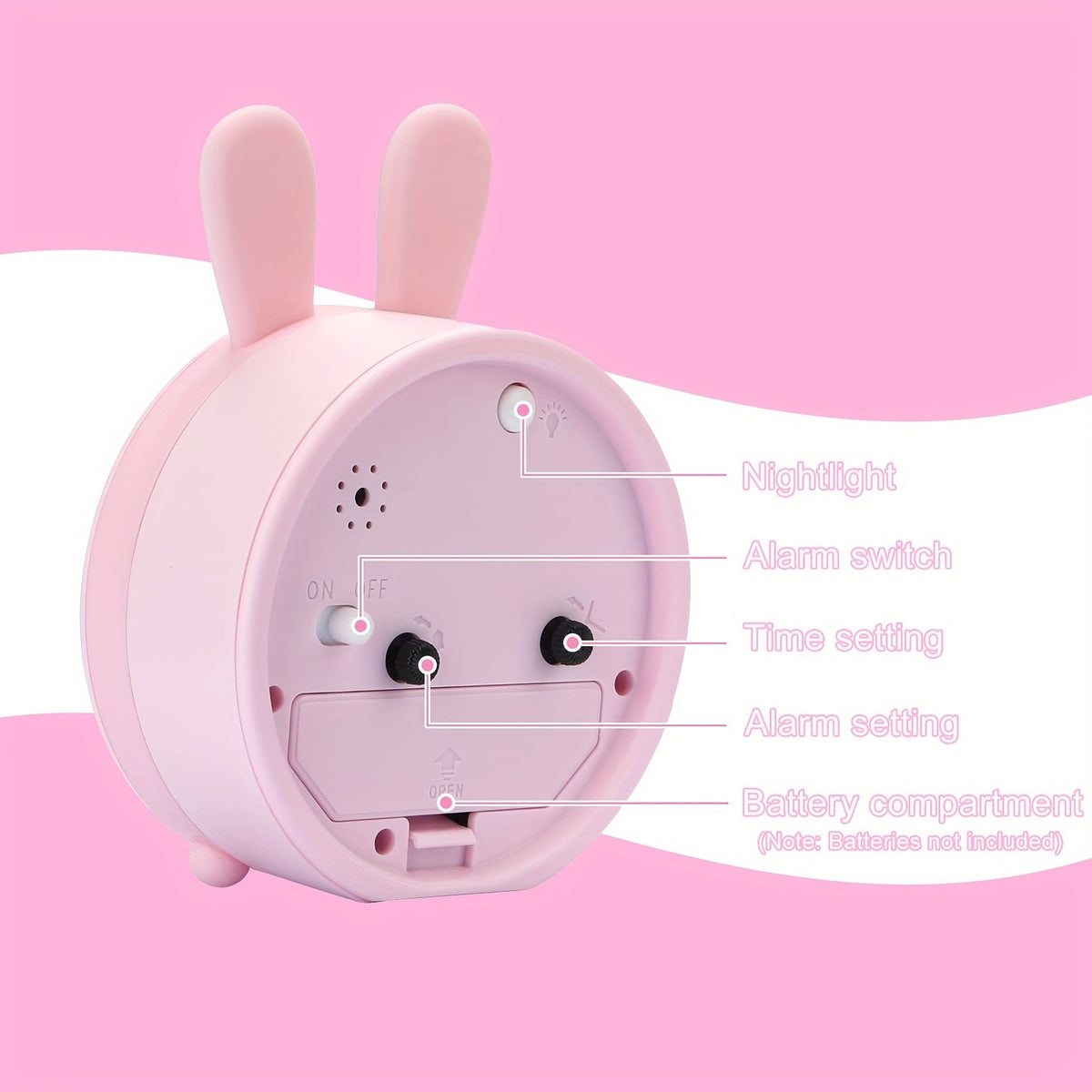 Bunny-Shaped Quiet Alarm Clock for Kids with Soft Night Light – Pink Plastic Bedside Timepiece for Nursery, Playroom & Bedroom Decor