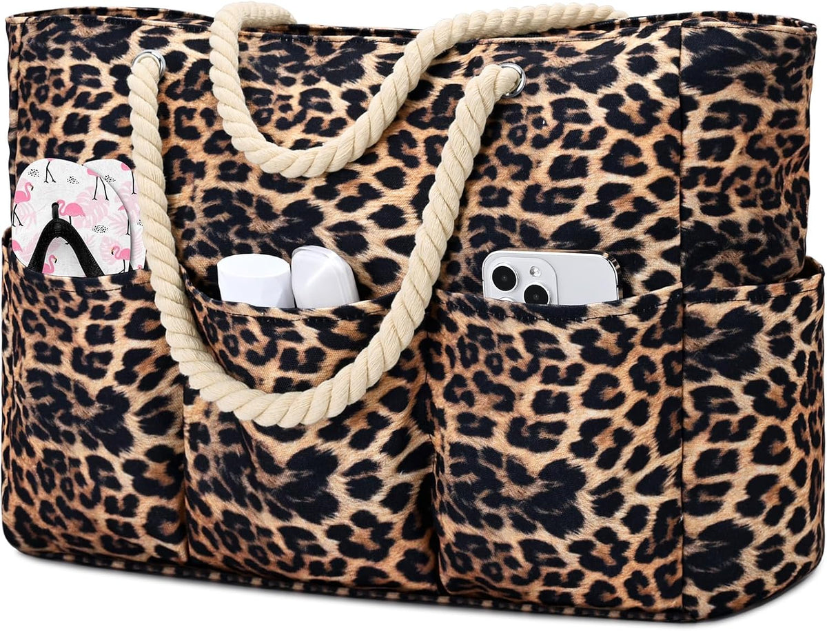 Sac fourre-tout en toile pour la plage, grand sac étanche avec fermeture éclair et 7 poches, sac de plage pour la piscine et les voyages