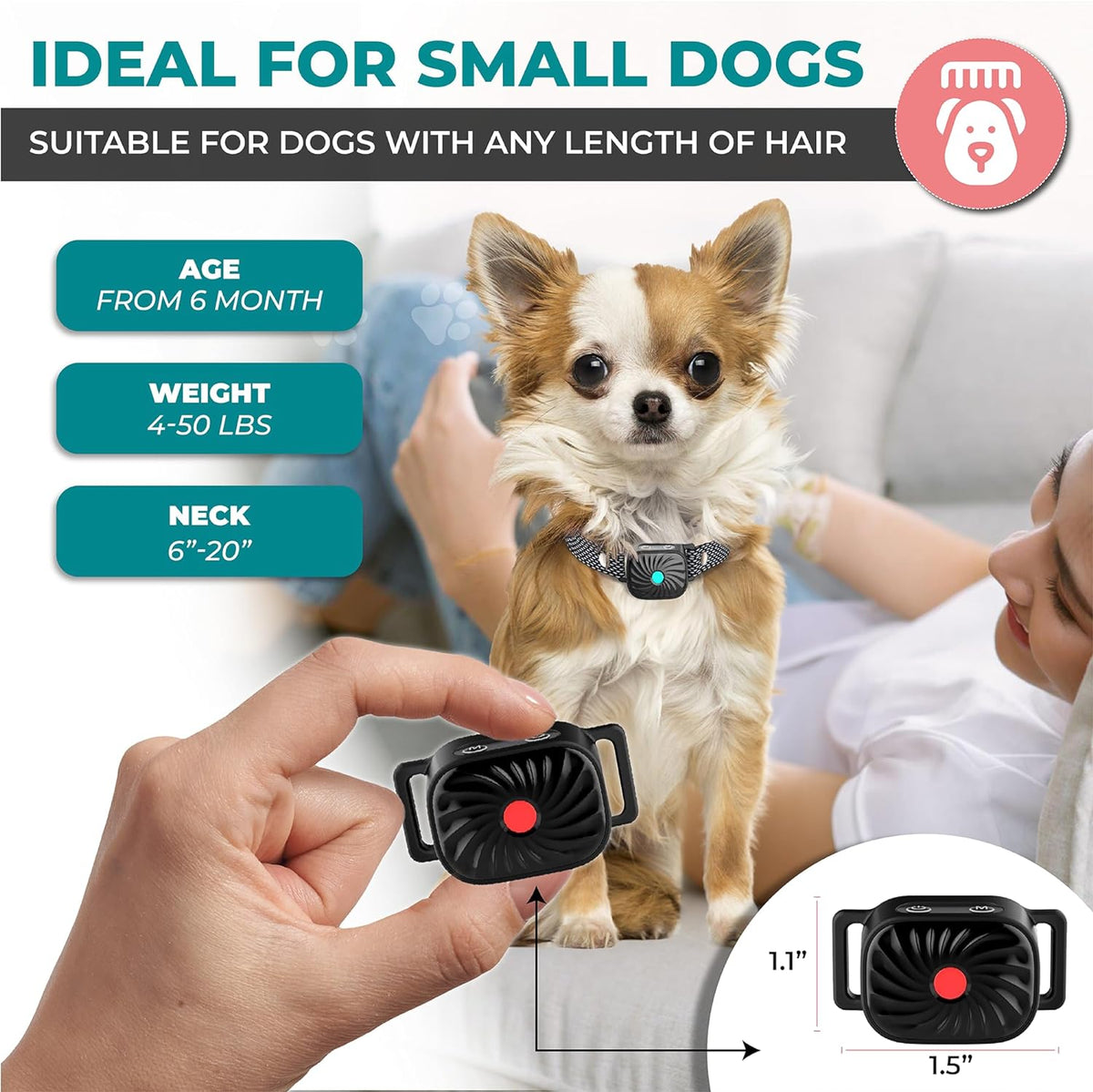 Collier anti-aboiement à vibration pour petits chiens et chiots – Sangle réglable de 15 à 50 cm, 4 niveaux, étanche IP87, autonomie de 30 jours