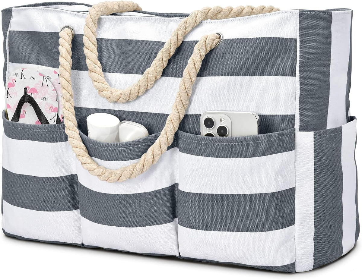 Zippered Canvas Tote Bag for Beach Days – Water-Resistant 7-Pocket Organizer, Padded Straps, Fits Towels & Gear for Pool, Lake & Travel